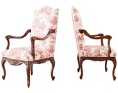 Pair of French Provincial Style Walnut Toile Fauteuil Armchairs