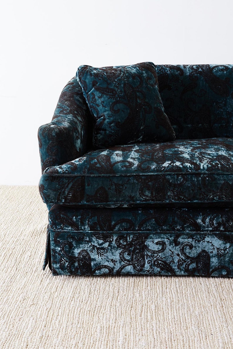 Blue Emerald Velvet Paisley Print Curved Back Settee