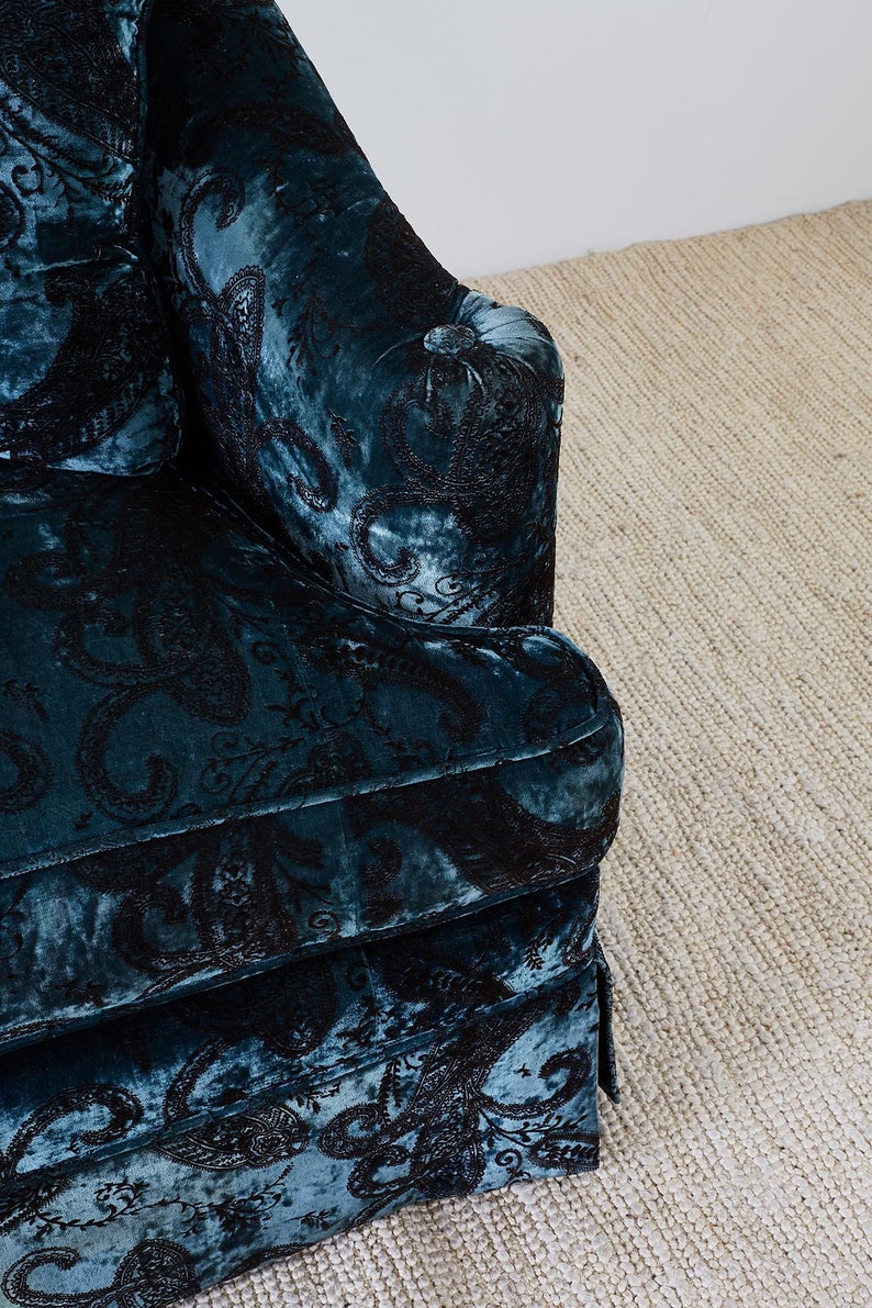 Blue Emerald Velvet Paisley Print Curved Back Settee
