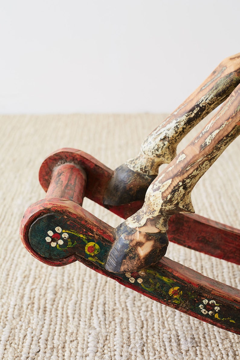 19th Century Romanian Polychrome Wooden Rocking Horse