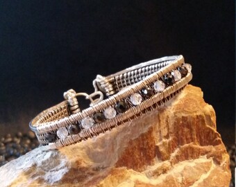 Silver and Cubic Zirconia Crystal Woven Wire Bangle Cuff with Clasp
