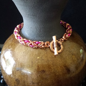 Copper and Magenta Byzantine Weave Chainmail Bracelet