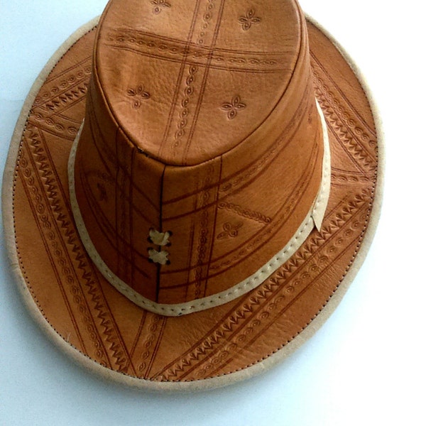 Vintage Leather Tooled Moroccan Hippie Festival Hat / Vintage Unisex Hat / Leather Goods / Boho Chic / Ethnic