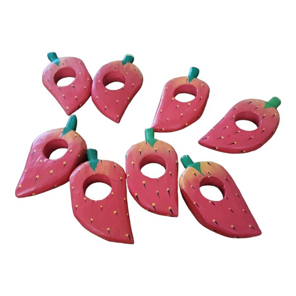 Vintage 80's Handpainted Wooden Strawberry Napkin Rings Set Of 8