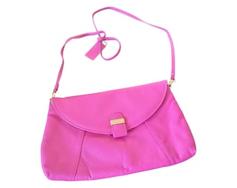 Vintage 80's Alicia Hot Pink Genuine Leather Envelope Clutch ~Shoulder Bag