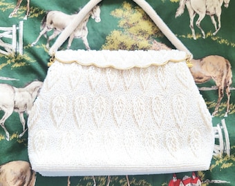 Vintage 50's Ivory Leaf Motif Beaded Top Handle Purse ~ Wedding ~ Evening ~ Art Deco ~ Flapper~ Prom~ Special Occasion