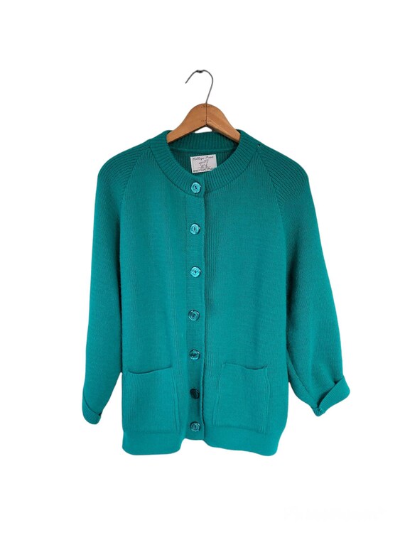 M-L Vintage Women's Girl's Sweatshirt Cardigan College Fashion Fun Shimmery Emerald Green Jersey Fleece-back Cardigan Sweatshirt Size