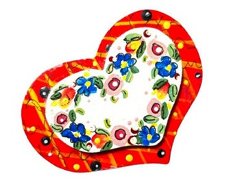 Vintage Hand Painted Floral Wooden Heart Brooch