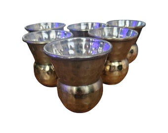 Prisha Indian Craft Mugial Matka Metal Hammered Copper & Stainless Steel Drink Shot Glasses Set of 6 / Bud Mini Vases