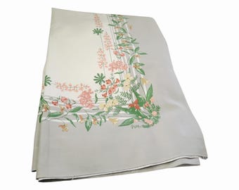 Vintage Vera Neumann Taupe & Floral Cotton Linen Rectangle Tablecloth