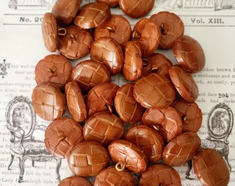 Vintage Chestnut Basket Weave Leather Shank Buttons 36 pc Lot