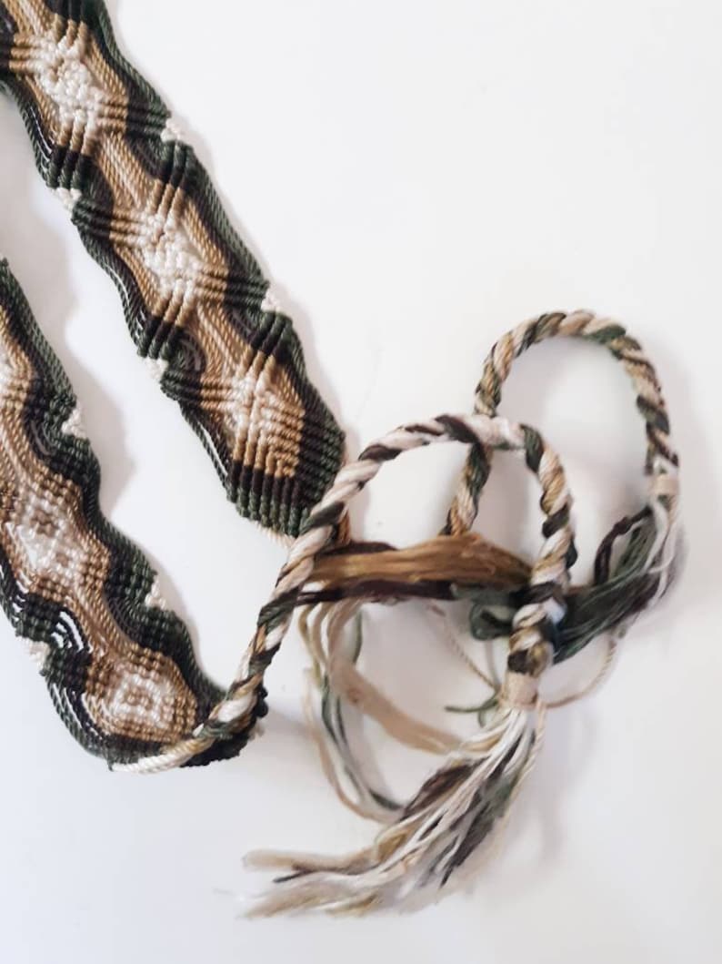 Vintage Khaki /& Tan Macrame Tie Belt Festival Belt Size ML Hippie Chic