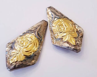 Vintage Metal Stamped Rose Clip On Earrings