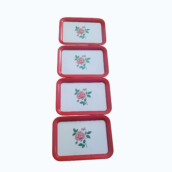 Vintage Red Floral Rose Metal TV Lap Serving Trays Set of 4 Cottagecore Farmhouse