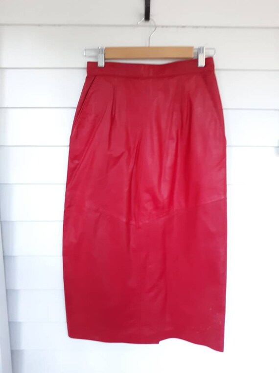 Vintage Evan Picone Red Leather Pencil Midi Skirt