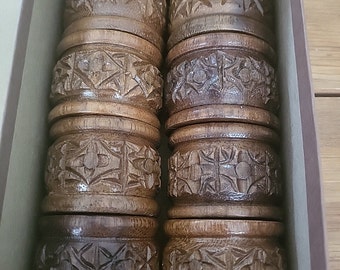 Vintage 70's Carved Wooden Napkin Rings / Set of 8