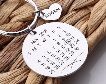 Personalized Calendar Keychain -  Hand Stamped Calendar - Date highlighted with heart - Anniversary, Wedding, Brithday-Valentine&#39;s Day Gift