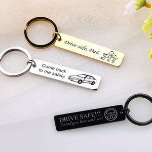 Gepersonaliseerde staafsleutelhanger, Drive Safe zwarte roestvrijstalen sleutelhanger, echte handschriftvingerafdruk kan worden gegraveerd, cadeau voor papa