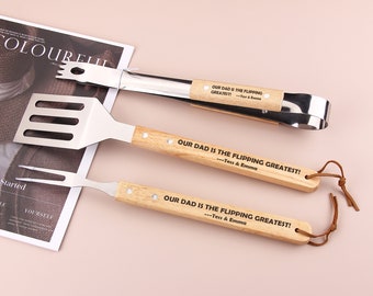 Fork and Tongs Kitchen Grill Set, Personalized Customized BBQ Tool Set, Wooden BBQ Spatula, Barbecue Cutlery With Desired Engraving