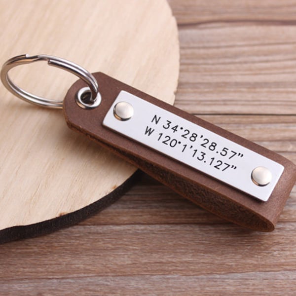 Latitude Longitude Keychain, GPS Coordinates Leather Keychain, Personalized Mens Leather Keyring-Valentine's Day Gift