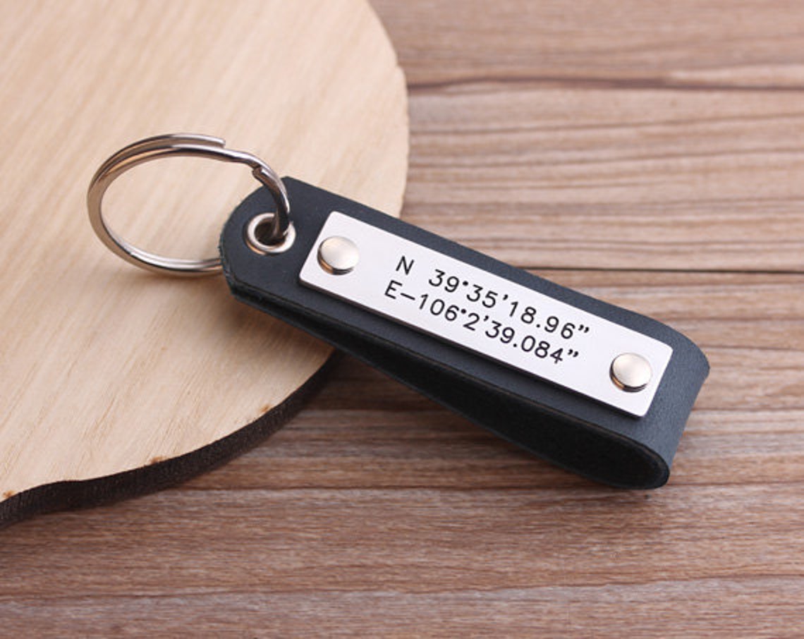 Personalized Mens Leather Key Fob Latitude Longitude Etsy
