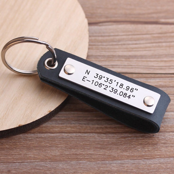 Personalized Mens Leather Key Fob, Latitude Longitude Keychain, GPS Coordinates Leather Keychain,Valentine's Day Gift