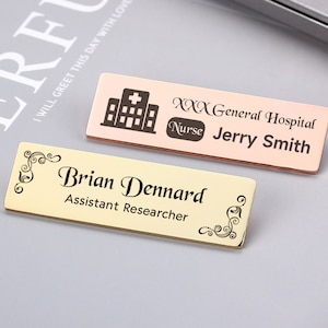 Engraved Name Tag Badges, Personalized Identification with Pin, Business Event Badge With Logo, Custom Teacher Doctor Stylist ID Badge