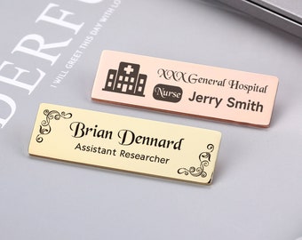 Engraved Name Tag Badges, Personalized Identification with Pin, Business Event Badge With Logo, Custom Teacher Doctor Stylist ID Badge