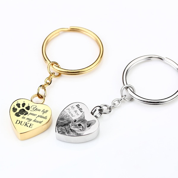 Pet Urn Keychain Cremation Jewelry, Pet Ashes Keychain, Pet Memorial Gifts,  Engraved Dog Cat Pictures Key ring, Paw Print Gift for Him