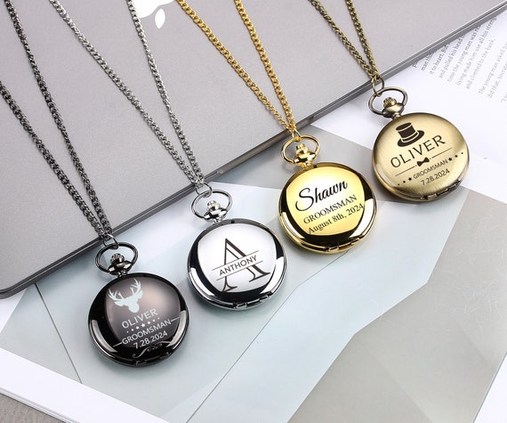 11 Orologi Da Tasca Neri, Set Regalo Per Sposo, Regalo Inciso Personalizzato, Set Di Orologi Neri Personalizzati, Scatola Regalo E Catena Incluse, Set Per Matrimonio 11 - Italia - Foto 5