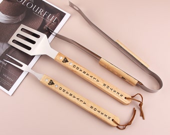 Personalisiertes maßgeschneidertes Grillwerkzeug-Set, Holz-Grill-Spachtel, graviertes Logo Grill-Gabel, Gabel und Zange Küchen-Grill-Set