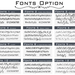 May include: A graphic showcasing 12 different font options, each with a sample of the alphabet and numbers. The fonts range from classic serif and sans-serif styles to elegant script and modern display fonts. The text "FONTS OPTION" is at the top.