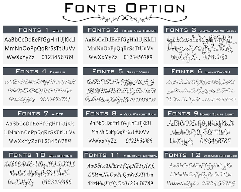 May include: A graphic showcasing 12 different font options, each with a sample of the alphabet and numbers. The fonts range from classic serif and sans-serif styles to elegant script and modern display fonts. The text "FONTS OPTION" is at the top.