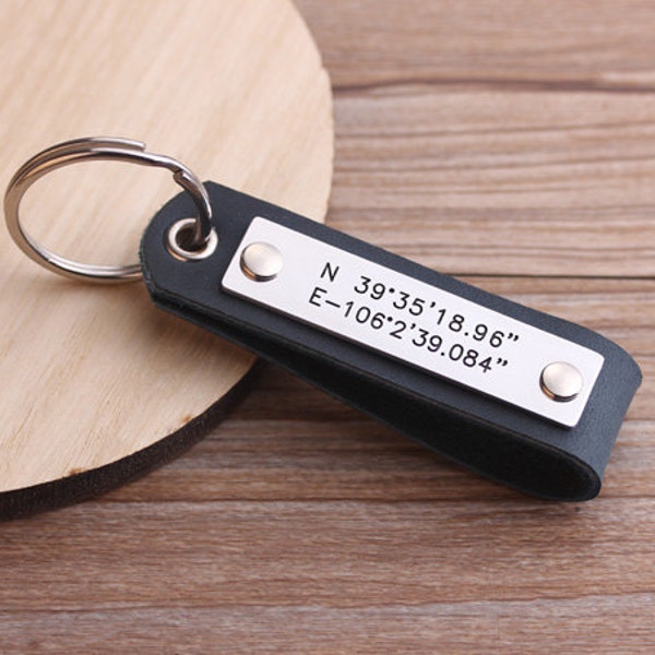 Hand Stamped GPS Latitude Longitude Keychain,  Coordinates Leather Keychain, Personalized Mens Leather Keyring-Valentine's Day Gift
