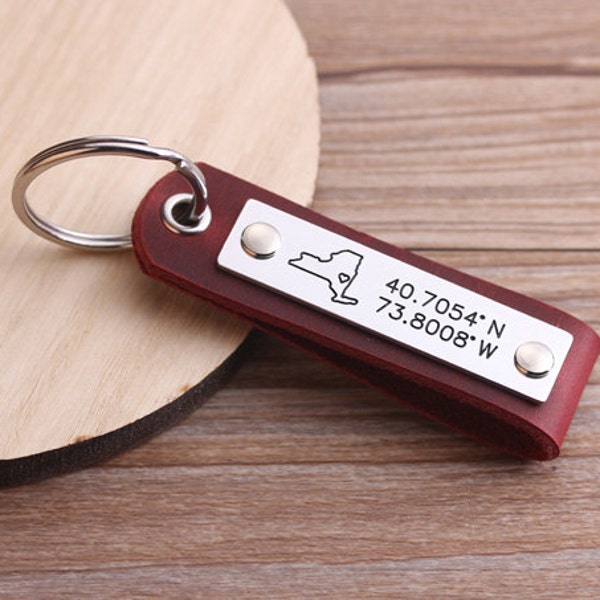 Hand Stamped GPS Latitude Longitude Keychain,  Coordinates Leather Keychain, State Map Key Chains, Can be made with any state