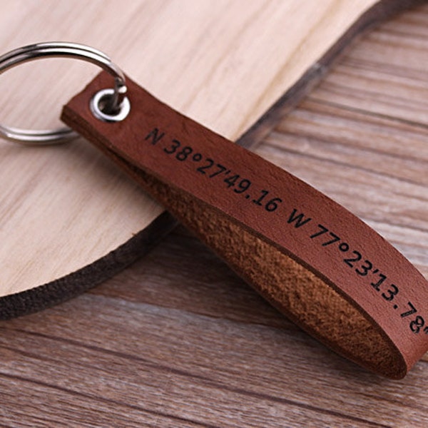 Latitude Longitude Keychain, GPS Leather Keychain, Personalized Leather Keyring-Valentine's Day Gift