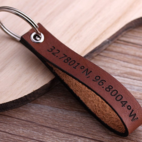 GPS Leather Keychain, Latitude Longitude Keychain, Personalized Leather Keyring, Graduation, Valentine Gift-Valentine's Day Gift