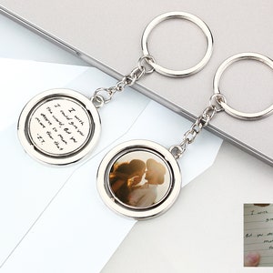 Personalised Actual Handwriting Keychain, Custom Photo Keyring, Rotating Disc Photo Keychain, Actual Handwriting Round Keyring, Gift For Him