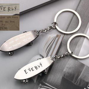 Personalized Skateboard Keychain, Engraved Acutal Handwriting Keychain, Signature Skateboard Keychain, Anniversary Gift, Christmas Gift