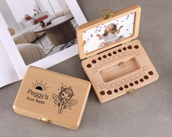Personalized Wooden Tooth Box Fairy, Baby Tooth Keepsake Box for Girls & Boys, Wooden Tooth Storage Saver Box for Lost Teeth, Birthday Gift