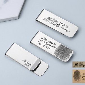 Clip para billetes personalizado con huella dactilar grabada a mano, regalo de aniversario, regalo para marido, regalo para padrinos de boda