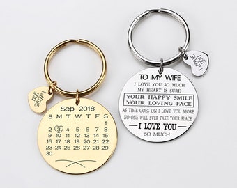 Custom Text Keychain, Date Highlight with Heart Keyring, Hand stamped Calendar, To Wife Gift, Car Keycahin