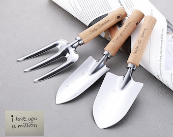 Juego de herramientas de jardinería personalizado de 3 piezas, paleta y rastrillo de jardín con escritura a mano, regalos de jardinería para jardineros, regalo para el Día del Padre.