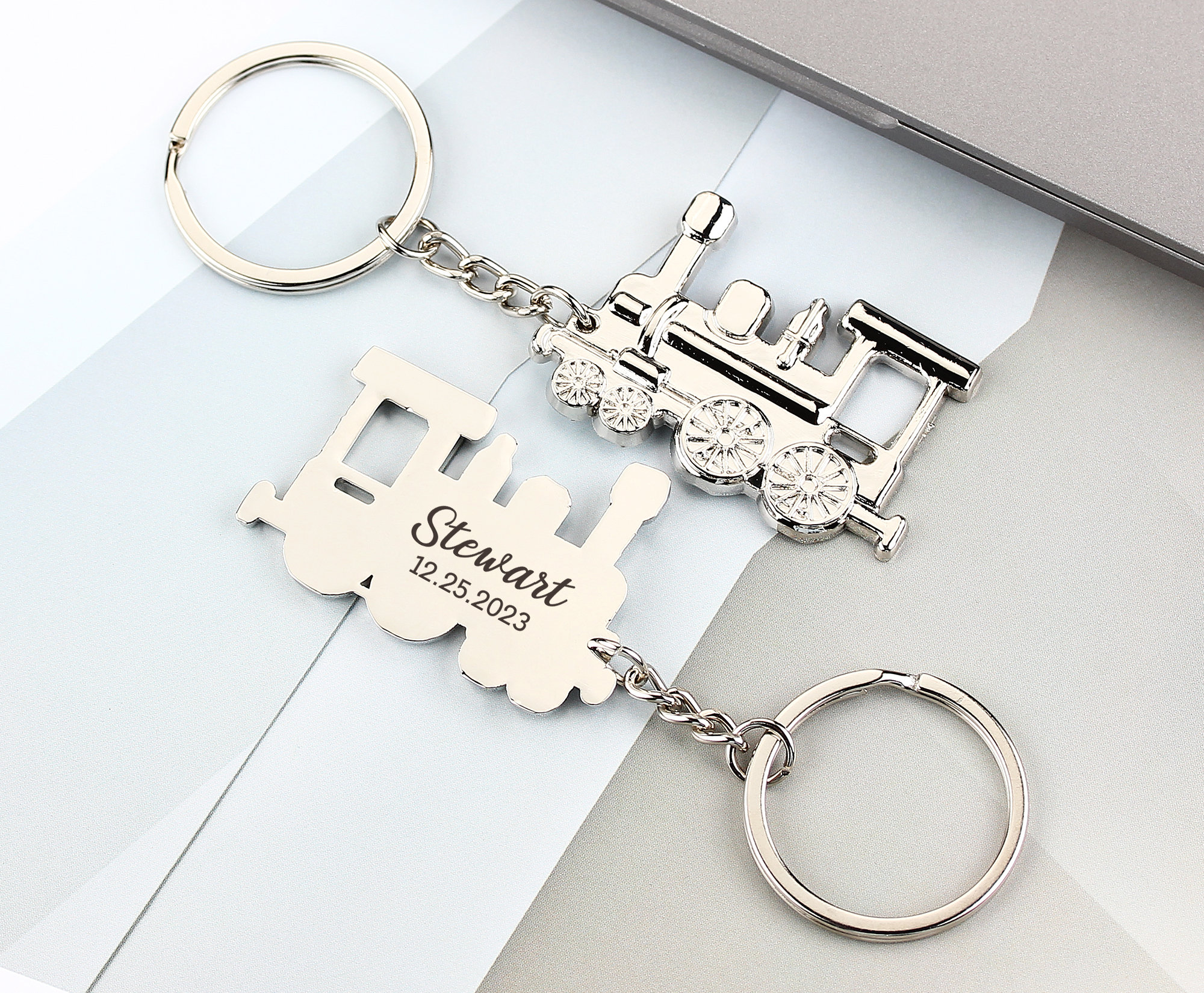 Small Train Metal Silver Keychain, Personalized Text Engraved Keychain ...
