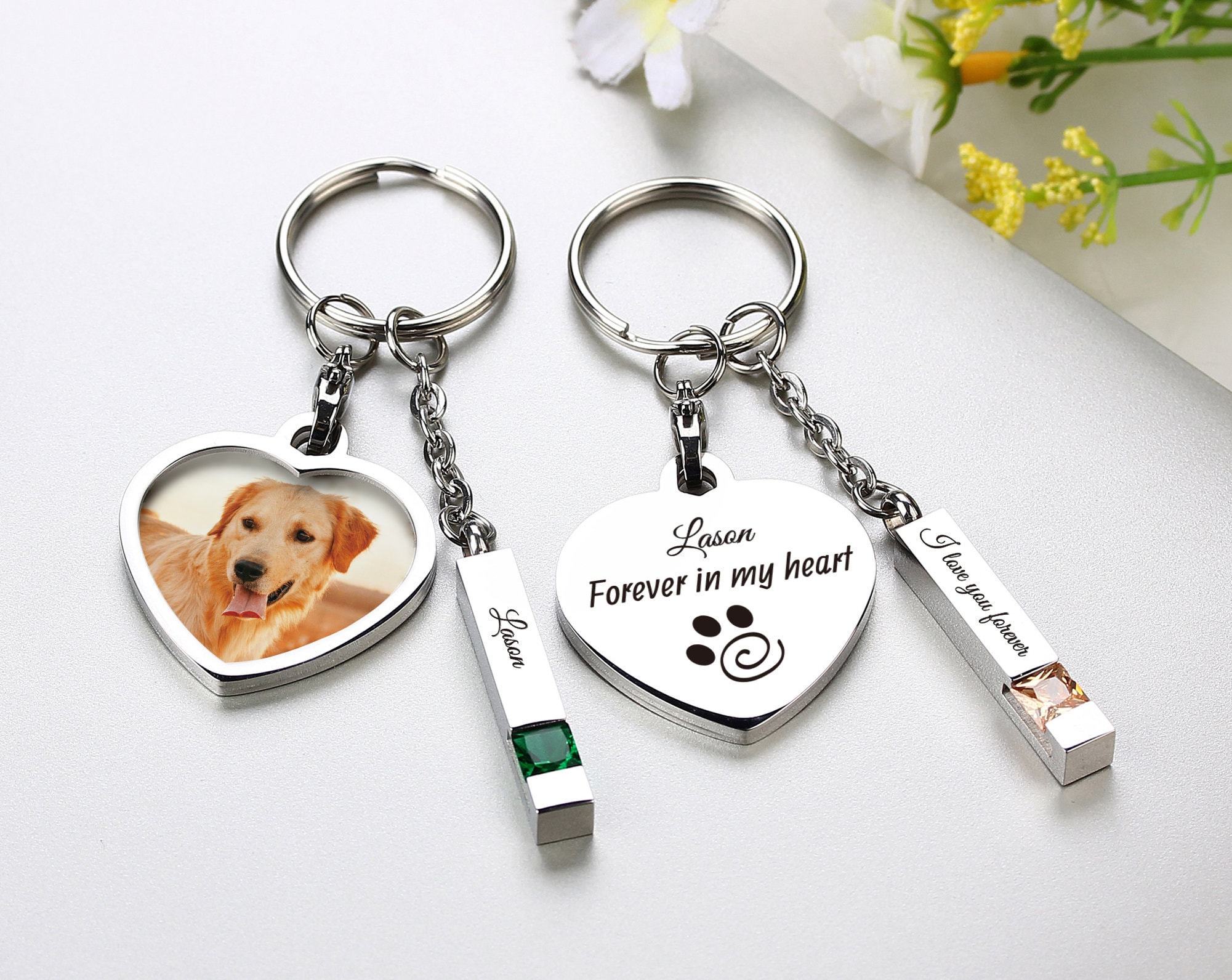 Birthstone Urn Keychain, Round Ashe Photo Keychain, Pet Memorial Keychain, Handwriting Keychain