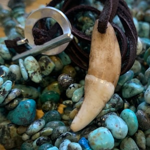 May include: A brown leather cord necklace with a silver clasp and a large white tooth pendant. The necklace is lying on a bed of turquoise stones.
