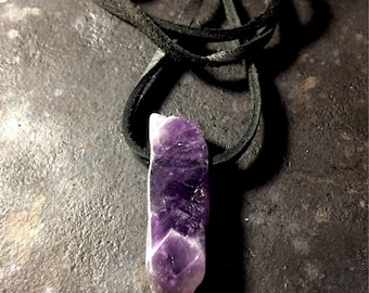 Mens amethyst necklace on a black deerskin leather cord, mens purple crystal, amethyst necklace, amethyst jewelry, amethyst crystal necklace