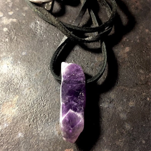 Mens amethyst necklace on a black deerskin leather cord, mens purple crystal, amethyst necklace, amethyst jewelry, amethyst crystal necklace