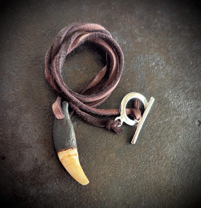 May include: A brown leather cord necklace with a silver toggle clasp and a pendant shaped like a tooth with a black resin coating.