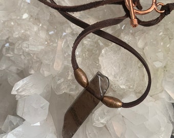 Mens smoky quartz pendent with two copper beads on a dark brown deerskin leather cord, smoky quartz necklace, brown quartz crystal necklace